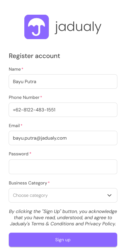Jadualy Registration Screen